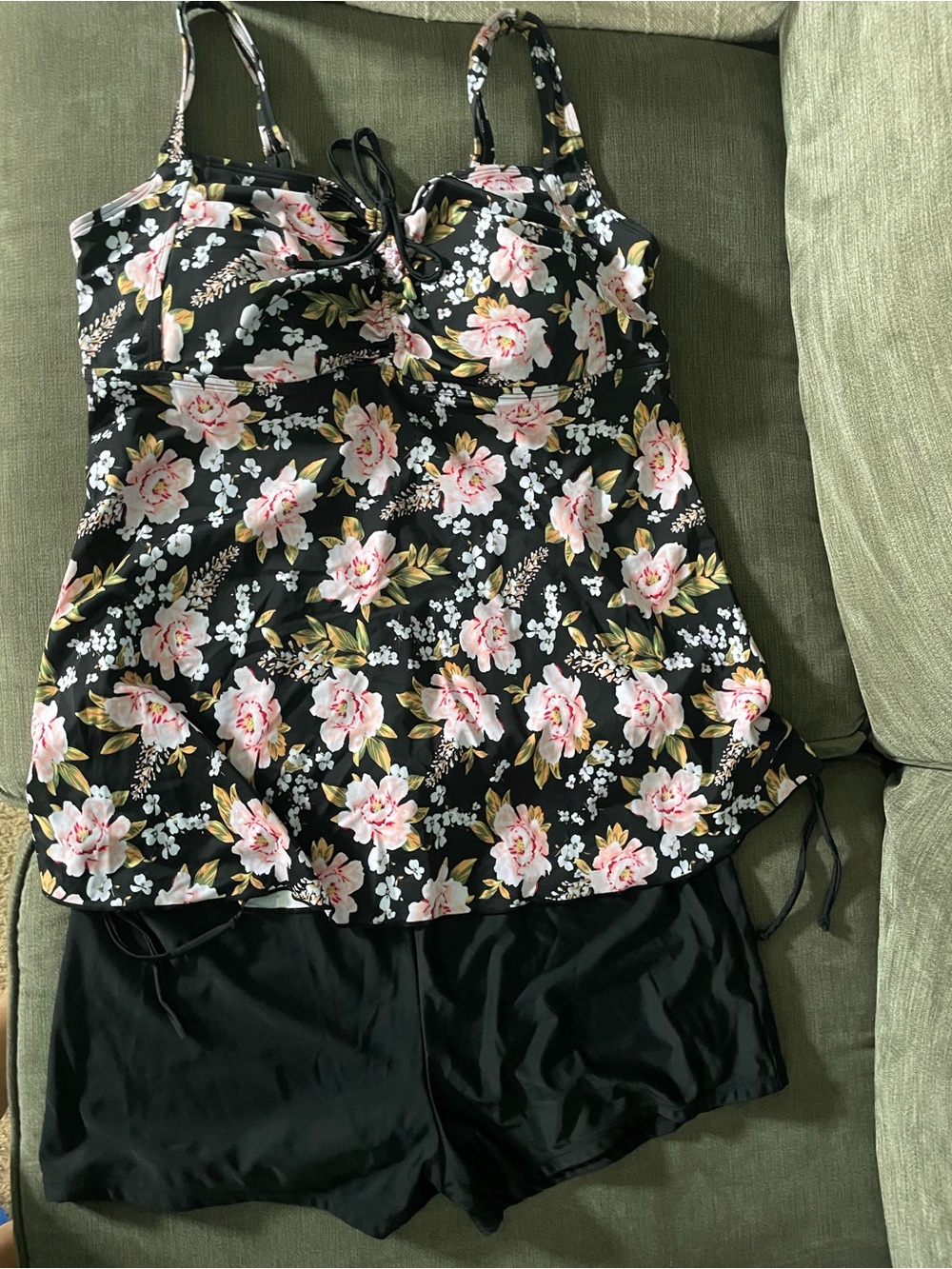 Women’s Black Floral Tankini Swim Set with Black Shorts